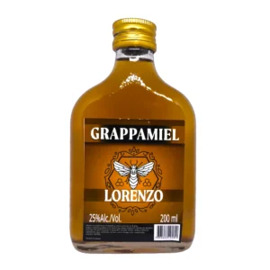 Botella de Grappa Miel LORENZO 200mL con líquido color ámbar y etiqueta con ilustración de una abeja.