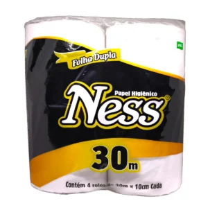 Pack de Papel Higiénico NESS 4 Rollos de 30m Doble Hoja con empaque en negro y amarillo.