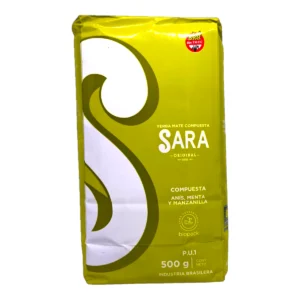 Envase de Yerba SARA Compuesta 500g con Anís, Menta y Manzanilla, producto sin TACC.