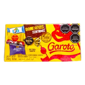 Bombonera Garoto de 250g con surtido de bombones clásicos como Serenata de Amor, Baton y Trufa.