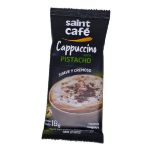 Sobre individual de Cappuccino Saint Café Pistacho 18g. Polvo instantáneo para preparar una bebida de café rica con toque de pistacho.