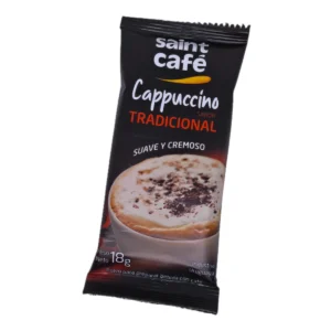 Sobre individual de Cappuccino Saint Café Tradicional 18g. Mezcla instantánea para preparar una bebida de café cremosa y con mucha espuma.