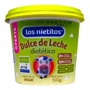 Pote de Dulce de Leche Los Nietitos dietético de 500g con 0% azúcares agregados y reducido en calorías.