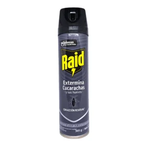 Insecticida Raid aerosol 360cc extermina cucarachas y sus huevos. Acción residual para proteger tu hogar de plagas.