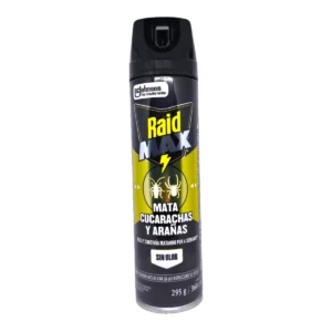Insecticida Raid Max en aerosol 360cc sin olor. Mata cucarachas y arañas al instante. Protección duradera.