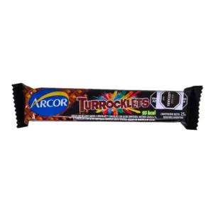 Oblea rellena Arcor Turrocklets de 25g. Turrón con relleno sabor a chocolate y cobertura de chocolate con leche confitado.