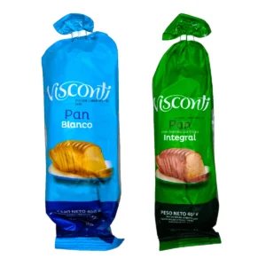 Pan Visconti de 390g en envases azul y verde. Opciones blanco e integral feteadas, ideales para armar tostadas y sándwiches diarios.