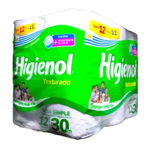 Pack familiar de papel higiénico Higienol texturado 30 metros por 12 rollos. Máximo rendimiento y suavidad para el cuidado diario del hogar.
