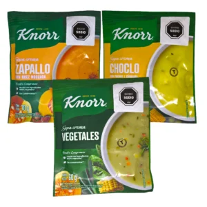 Sobres de sopa crema knorr en variedades zapallo, choclo y vegetales. Sopa deshidratada ideal para tomar una comida rica y bien caliente en los días más fríos.