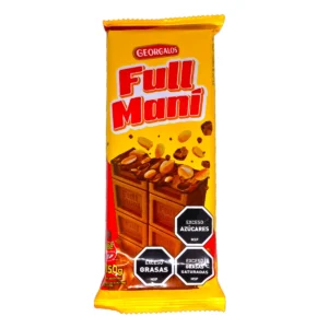 Tableta de chocolate Full Maní Georgalos de 150g. Delicioso chocolate con leche repleto de maní tostado, libre de gluten.