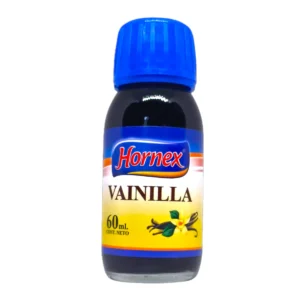 Frasco de esencia de vainilla hornex 60ml. Saborizante líquido ideal para perfumar postres, cremas y tortas caseras.