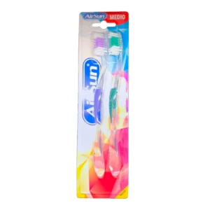 Blíster de cepillo dental airsun medio 2 unidades. Cerdas de dureza media para una excelente higiene bucal diaria.