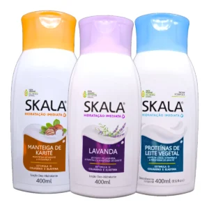 Botellas de Crema Corporal SKALA 400mL en varias fragancias. Lociones veganas para una hidratación inmediata y cuidado de la piel.