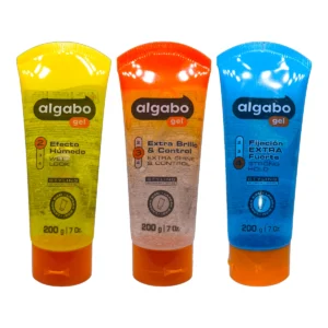 Envases de Gel ALGABO 200g en diferentes variedades. Geles capilares para modelar el cabello con distintos acabados y niveles de fijación.