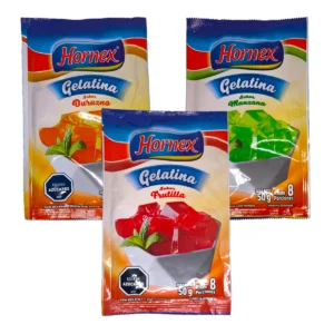 Sobres de gelatina hornex 50g en varios sabores. Polvo para preparar un postre fresco y divertido muy rápido y fácil.