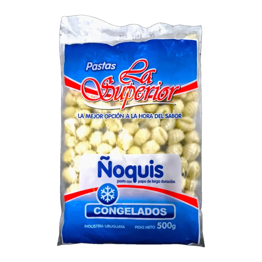 Paquete de ñoquis la superior 500g congelados. Pastas de papa ideales para preparar una rica comida en familia muy rápida y fácil.