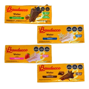 Paquetes de Oblea BAUDUCCO 140g en sus distintos sabores: chocolate con avellana, vainilla, frutilla y chocolate clásico.
