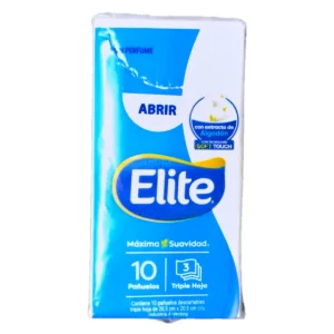 Paquete de Pañuelos ELITE 10u. Pañuelos descartables triple hoja sin perfume con extracto de algodón ideales para llevar en el bolsillo.