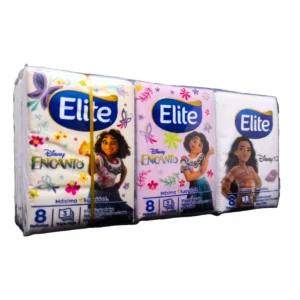 Pack x6 de Pañuelos ELITE 8u. Encanto. Paquetes individuales de pañuelos descartables triple hoja con diseños de personajes de Disney.