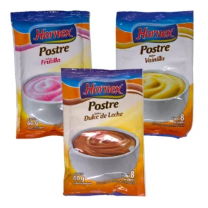 Sobres de postre hornex 60g en varios sabores. Polvo para preparar un postre cremoso y riquísimo muy rápido y fácil.