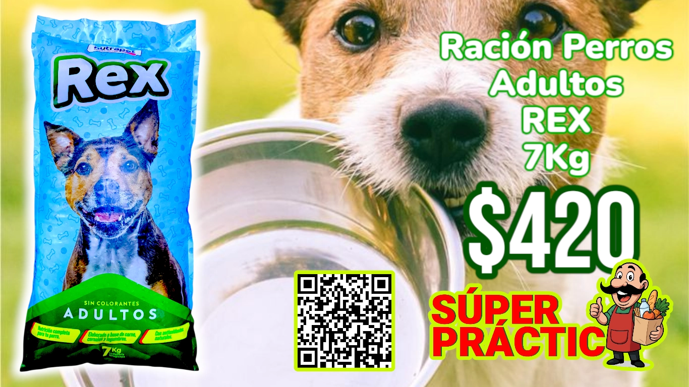 Oferta ración para perros adultos Rex 7kg sin colorantes nutrición completa en Súper Práctico
