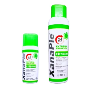 Envases de Talquera XANAPIE Extreme. Polvo desodorante de extrema absorción para pies y calzado en presentaciones de 60g y 180g.
