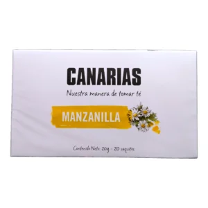Caja de Té CANARIAS 20 Saquitos Manzanilla. Infusión natural ideal para relajarse y disfrutar de un momento de calma y bienestar.