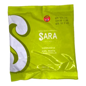 Paquete de Yerba SARA 100g Anís, Menta y Manzanilla. Yerba mate compuesta y sin gluten, ideal para unos mates frescos y muy digestivos.