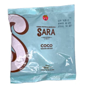 Paquete de Yerba SARA 100g Coco. Yerba mate elaborada de edición limitada sabor coco y sin gluten.