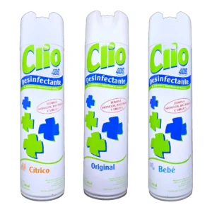 Envases en aerosol de 340mL de Desinfectante CLIO en sus variedades Cítrico, Original y Bebé.