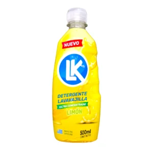 Envase de detergente lavavajilla líquido ultra concentrado LK de 500mL con aroma a limón.