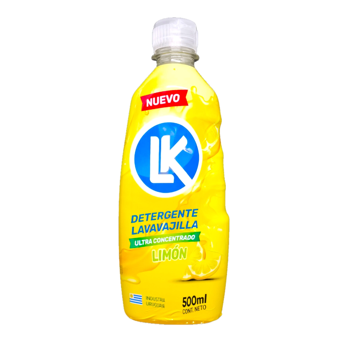 Envase de detergente lavavajilla líquido ultra concentrado LK de 500mL con aroma a limón.