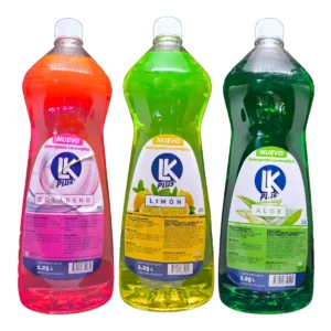 Envases de detergente lavavajilla líquido LK PLUS de 1.25L en sus variedades Colágeno, Limón y Aloe.