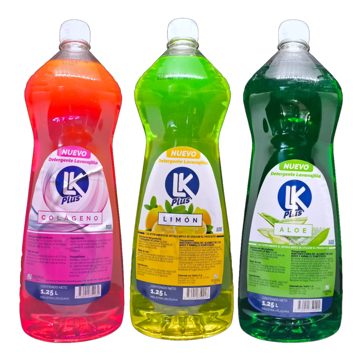 Envases de detergente lavavajilla líquido LK PLUS de 1.25L en sus variedades Colágeno, Limón y Aloe.