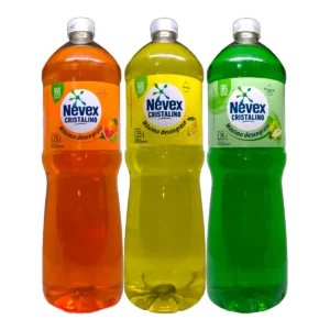 Surtido de botellas de 1.25L de Detergente NEVEX Cristalino en variedades Frutas Cítricas, Limón y Té Verde y Pera.
