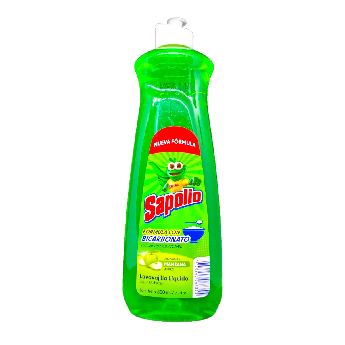 Envase de detergente líquido SAPOLIO de 500mL, nueva fórmula con bicarbonato y aroma a manzana.