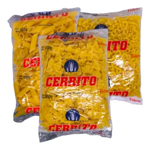 Surtido de paquetes de 400g de Fideos CERRITO, incluyendo diferentes formatos de pasta seca de industria uruguaya.