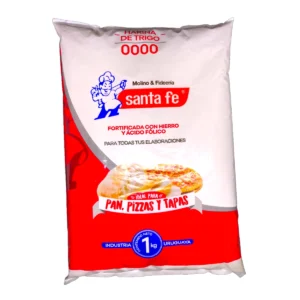Paquete de 1kg de Harina de Trigo SANTA FE 0000, producto fortificado ideal para diversas elaboraciones culinarias.