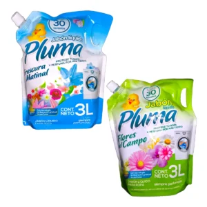 Envases doypack de 3L de Jabón Líquido PLUMA en sus variedades Frescura Matinal y Flores del Campo.