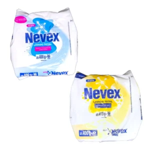 Paquetes de 400g de Jabón en Polvo NEVEX Matic en variedades Clásico y Mañana de Sol.