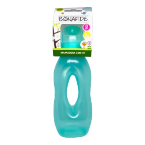 Mamadera BONAFIDE 250mL de color azul con diseño ergonómico y apertura central para facilitar el agarre del bebé.