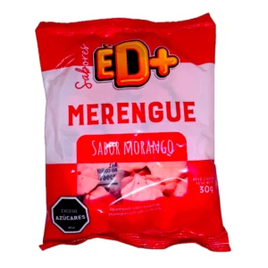 Paquete de 30g de Merengue ED+ sabor frutilla, dulce crujiente y rosado.