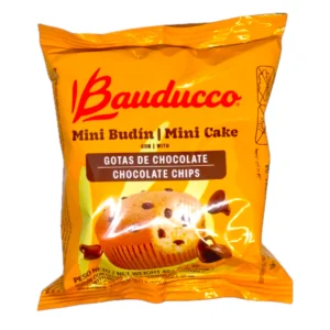 Paquete de Mini Budín BAUDUCCO 40g de Vainilla con Gotas de Chocolate. Snack individual ideal para cualquier momento del día.