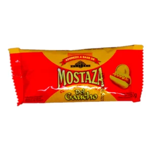 Sachet de 50g de Mostaza DEL GAUCHO, aderezo clásico de industria uruguaya.
