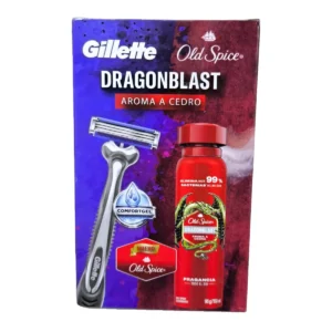 Pack promocional de cuidado personal con desodorante corporal Old Spice Dragonblast aroma a cedro y afeitadora Gillette.