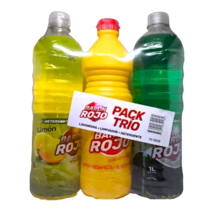 Pack trío de productos de limpieza BARÓN ROJO envueltos en plástico, incluyendo detergente de limón, lavandina y limpiador multiuso.