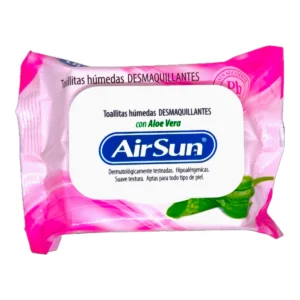 Paquete de 20 Toallitas Desmaquillantes AIRSUN con Aloe Vera. Envase rosa ideal para la limpieza facial diaria.
