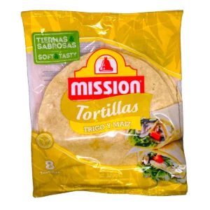 Paquete de 8 Tortillas MISSION de Trigo y Maíz, tiernas, sabrosas y aptas para veganos.