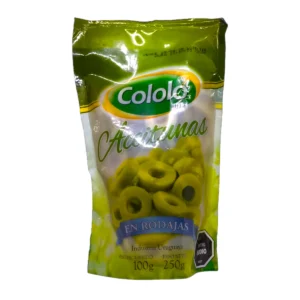 Frasco o envase de Aceitunas Verdes en Rodajas COLOLÓ de 250g.