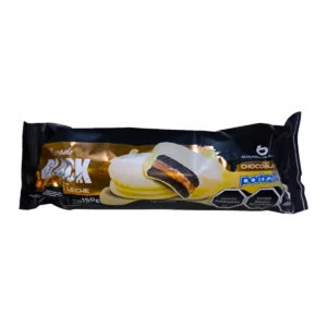 Tubo transparente con bocaditos de alfajor Black cubiertos de Chocolate Blanco.